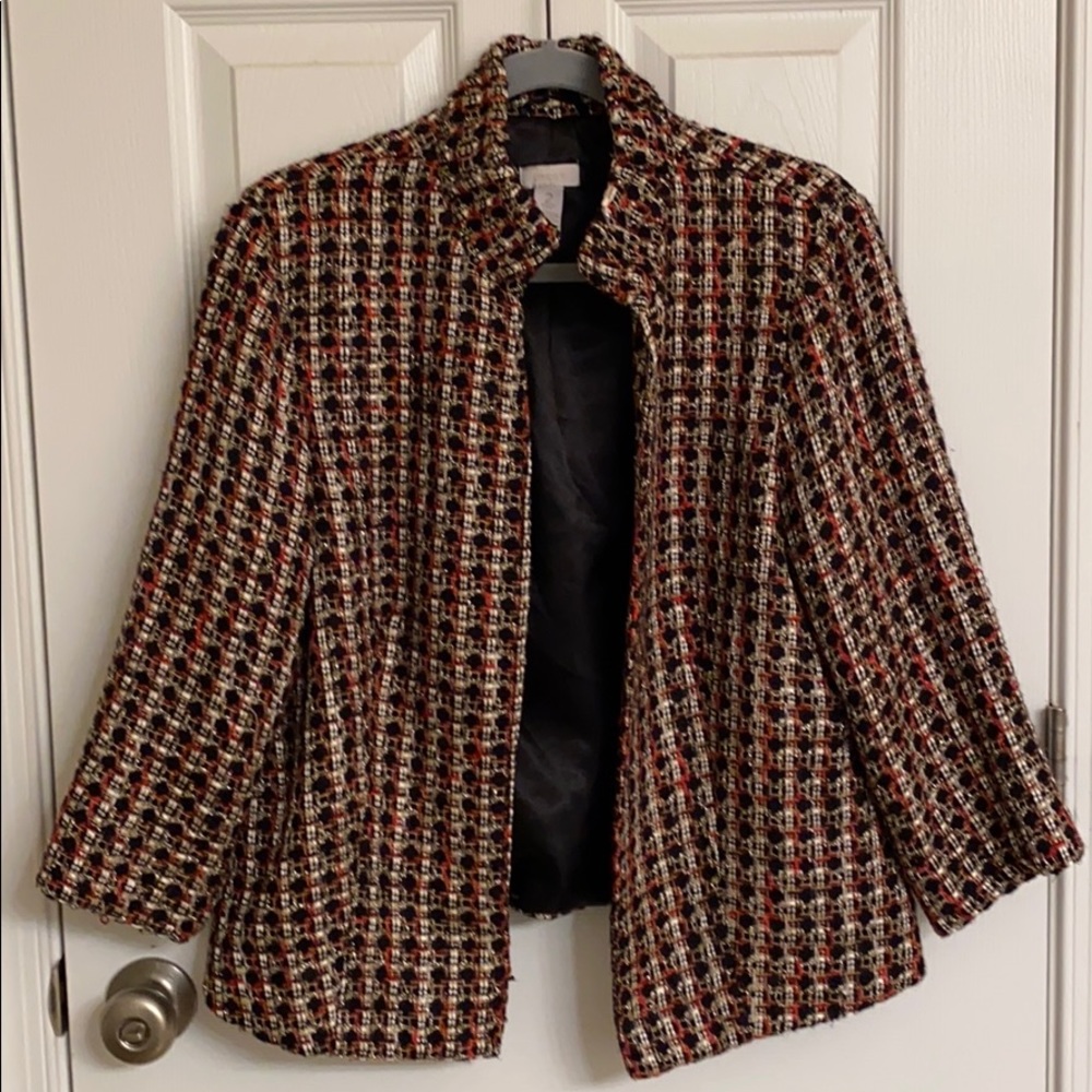 Chico’s Red Silver Patterned Blazer Metallic Threads Acrylic Polyester Size 12